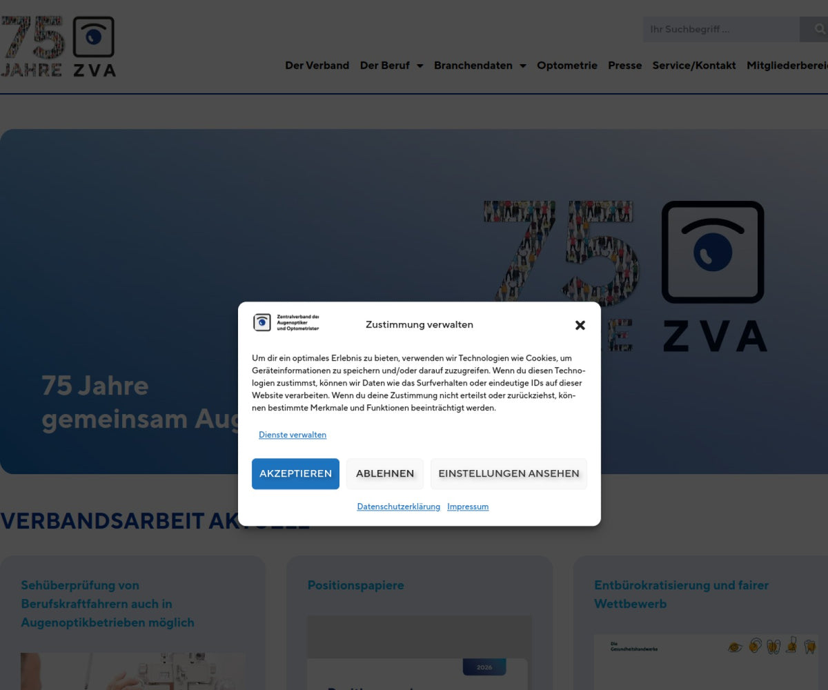 Screenshot der offiziellen Website von Zentralverband der Augenoptiker und Optometristen (ZVA)