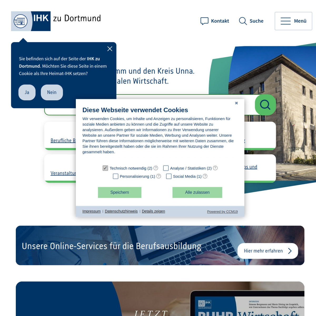 Screenshot der offiziellen Website von Industrie- und Handelskammer zu Dortmund