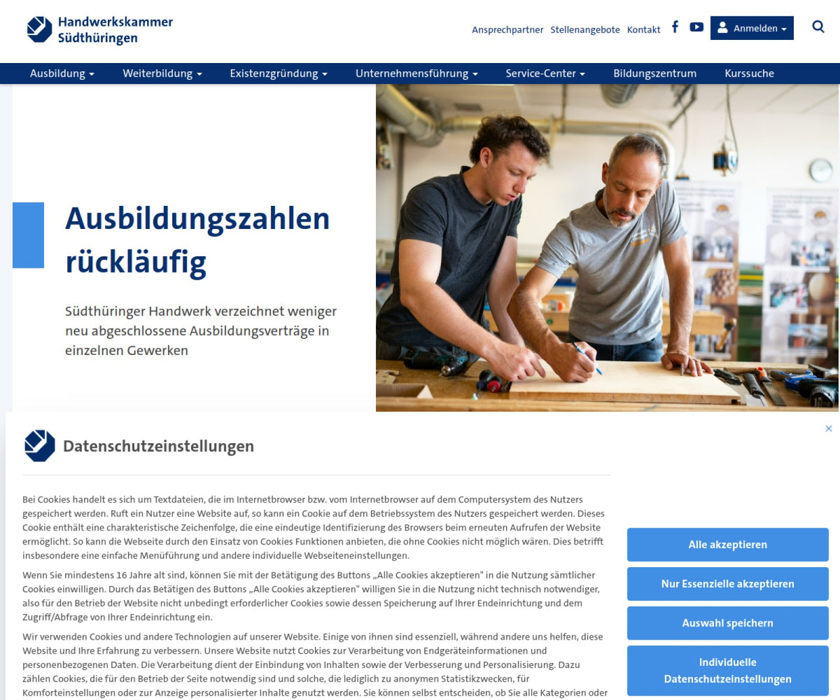 Screenshot der offiziellen Website von Handwerkskammer Südthüringen