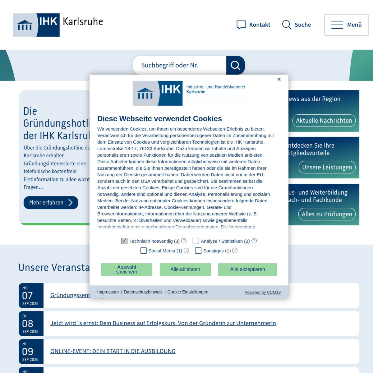 Screenshot der offiziellen Website von Industrie- und Handelskammer Karlsruhe