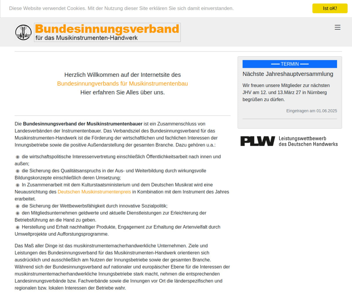 Screenshot der offiziellen Website von Bundesinnungsverband für das Musikinstrumenten-Handwerk