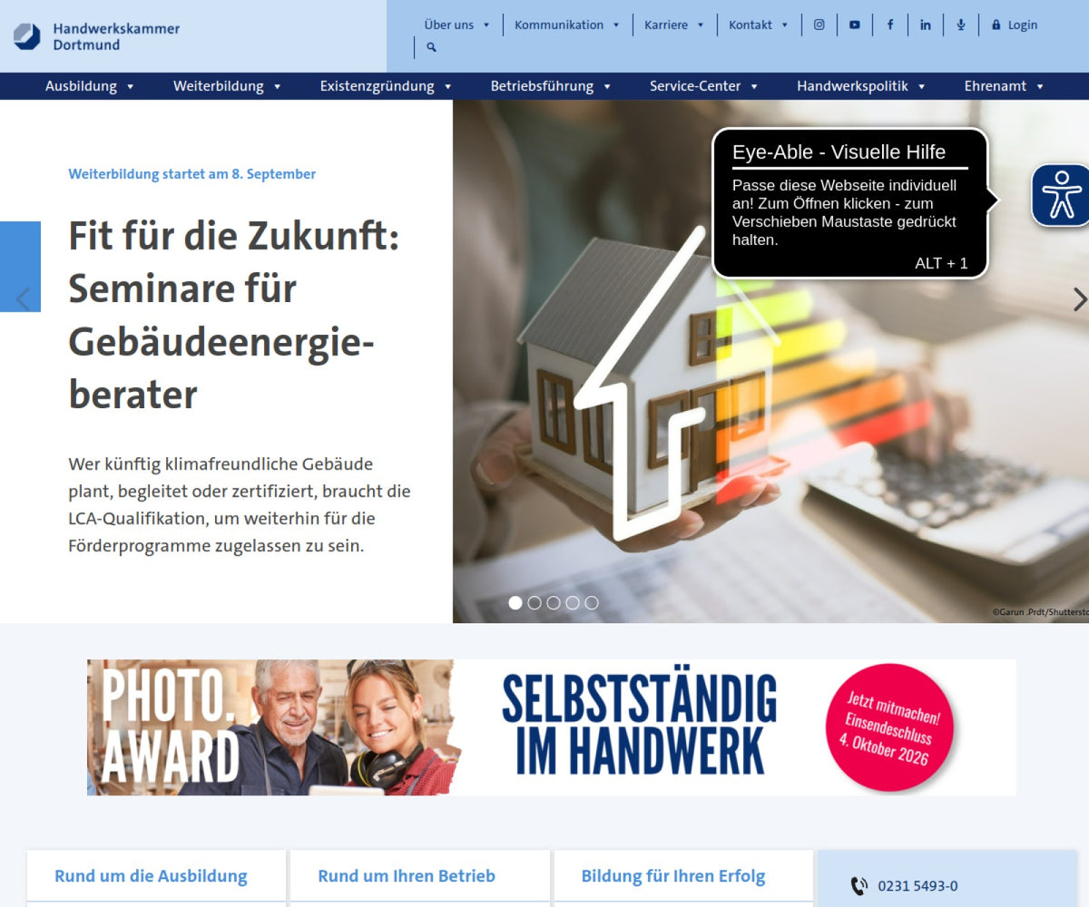 Screenshot der offiziellen Website von Handwerkskammer Dortmund