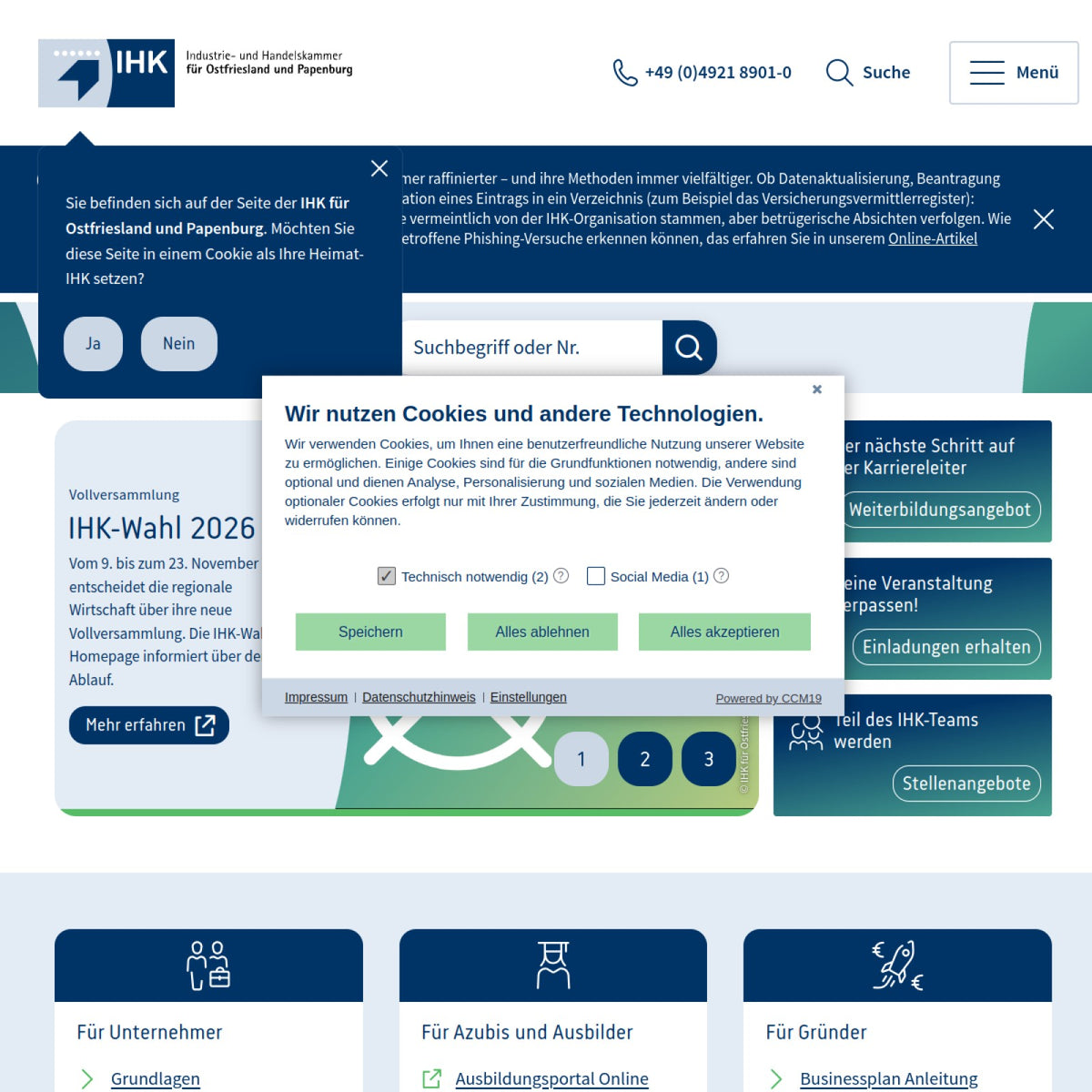 Screenshot der offiziellen Website von Industrie- und Handelskammer für Ostfriesland und Papenburg