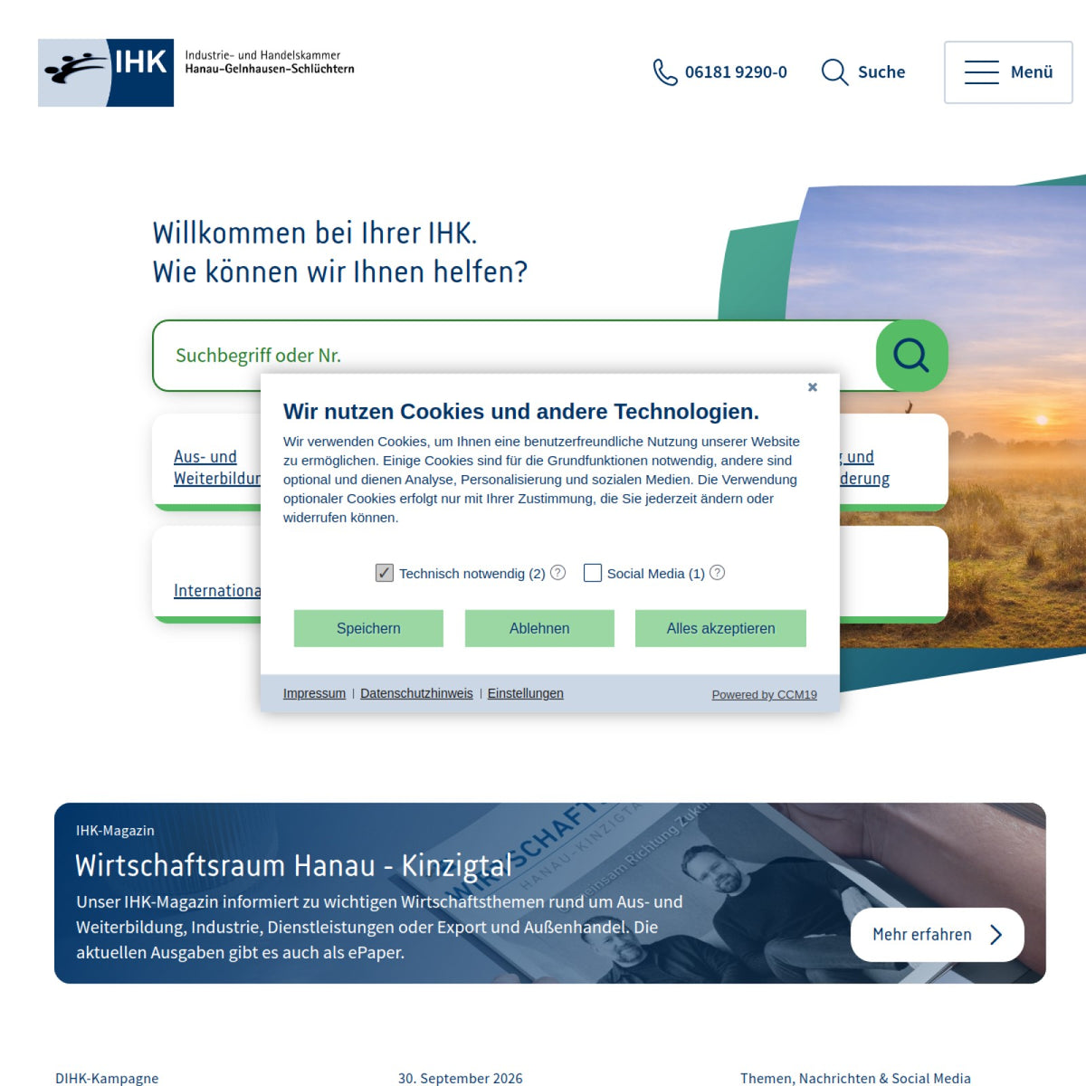 Screenshot der offiziellen Website von Industrie- und Handelskammer Hanau-Gelnhausen-Schlüchtern