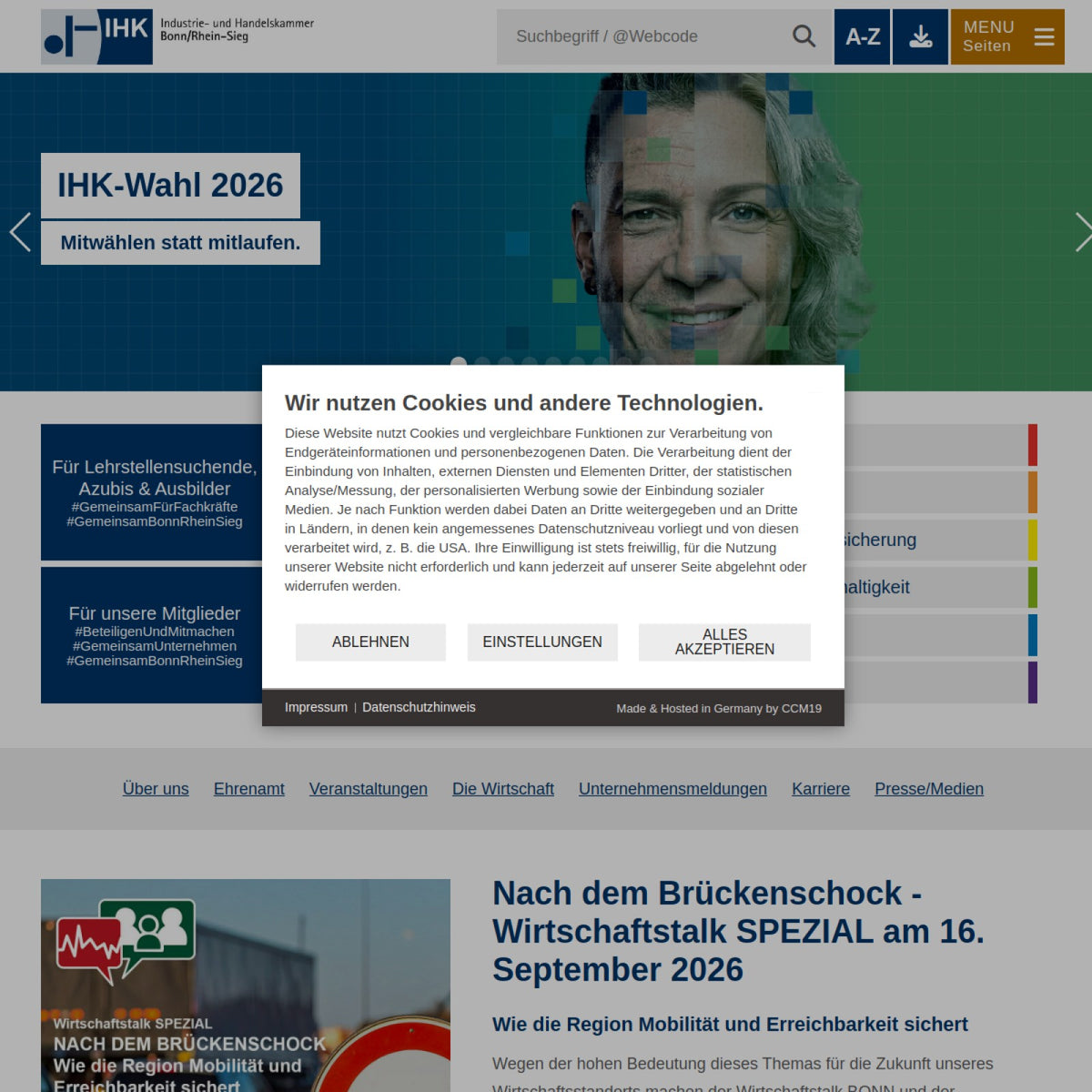 Screenshot der offiziellen Website von Industrie- und Handelskammer Bonn/Rhein-Sieg