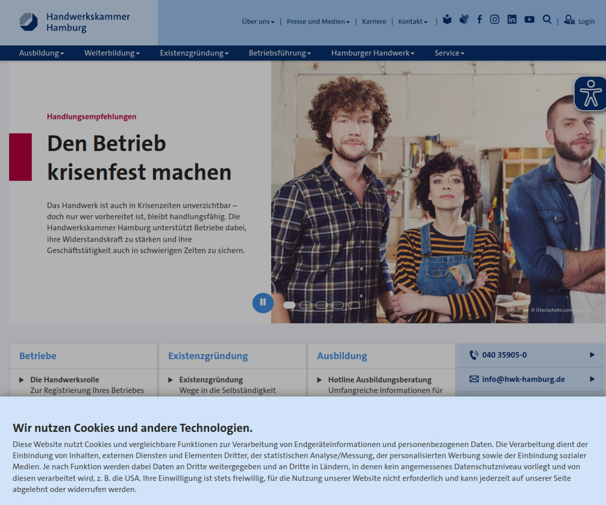 Screenshot der offiziellen Website von Handwerkskammer Hamburg