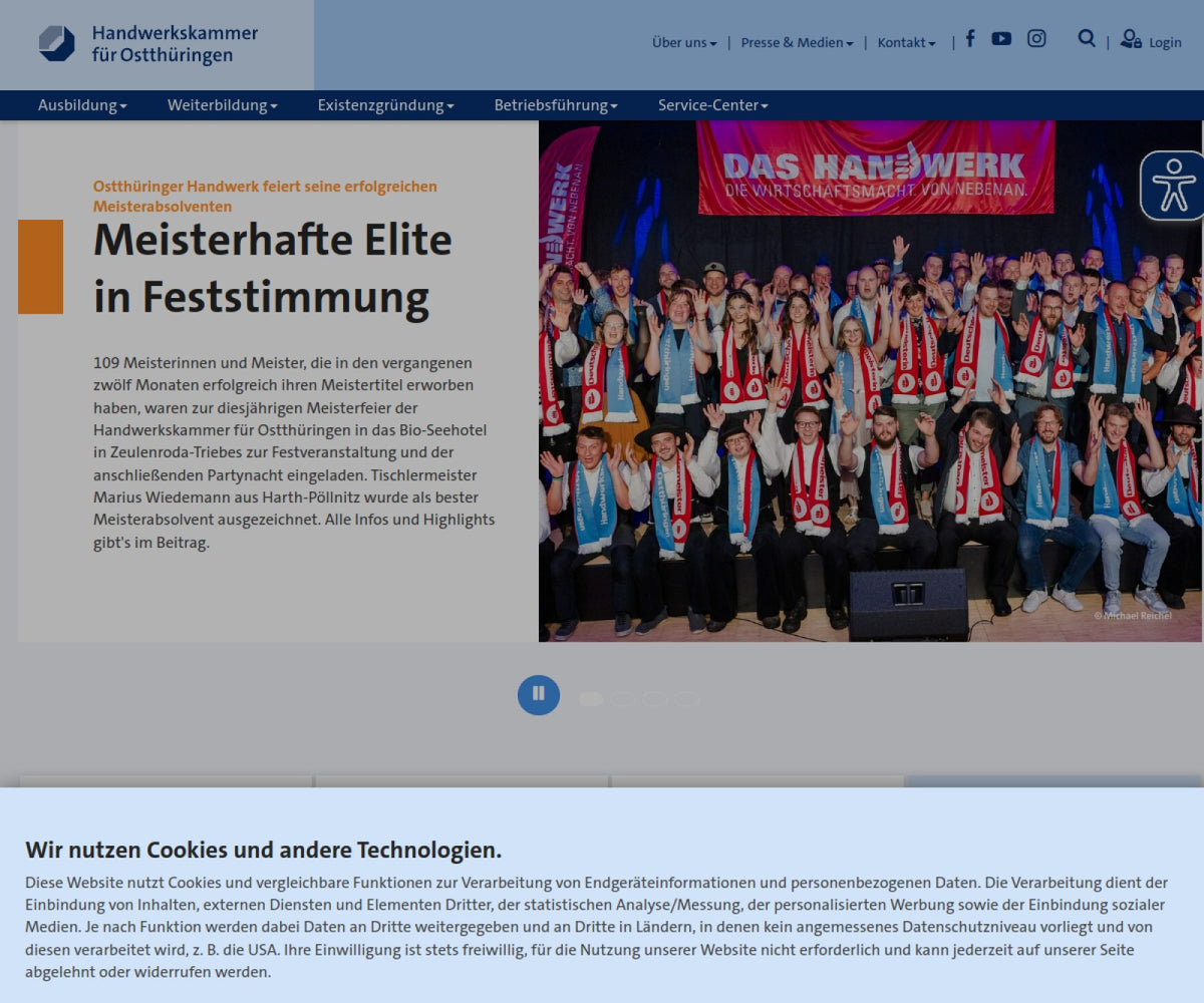 Screenshot der offiziellen Website von Handwerkskammer für Ostthüringen
