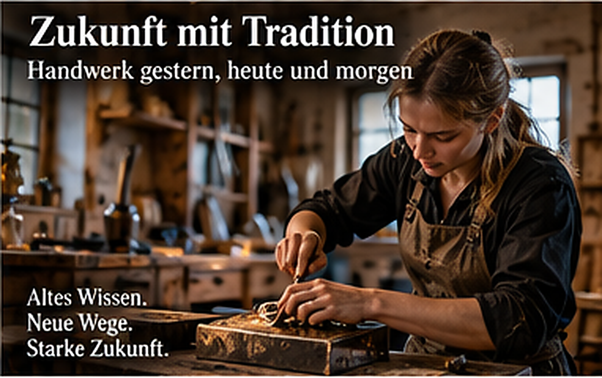 Junge Handwerkerin in einer modernen Werkstatt als Sinnbild für die Zukunft handwerklicher Traditionen