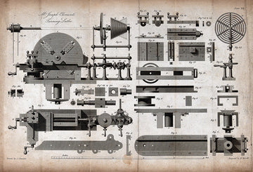 Technische Zeichnung einer von Joseph Clement entwickelten Drehmaschine.