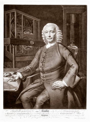 John Harrison in einer Darstellung nach dem Porträt von Thomas King, 1767; neben ihm wird H4 gezeigt.