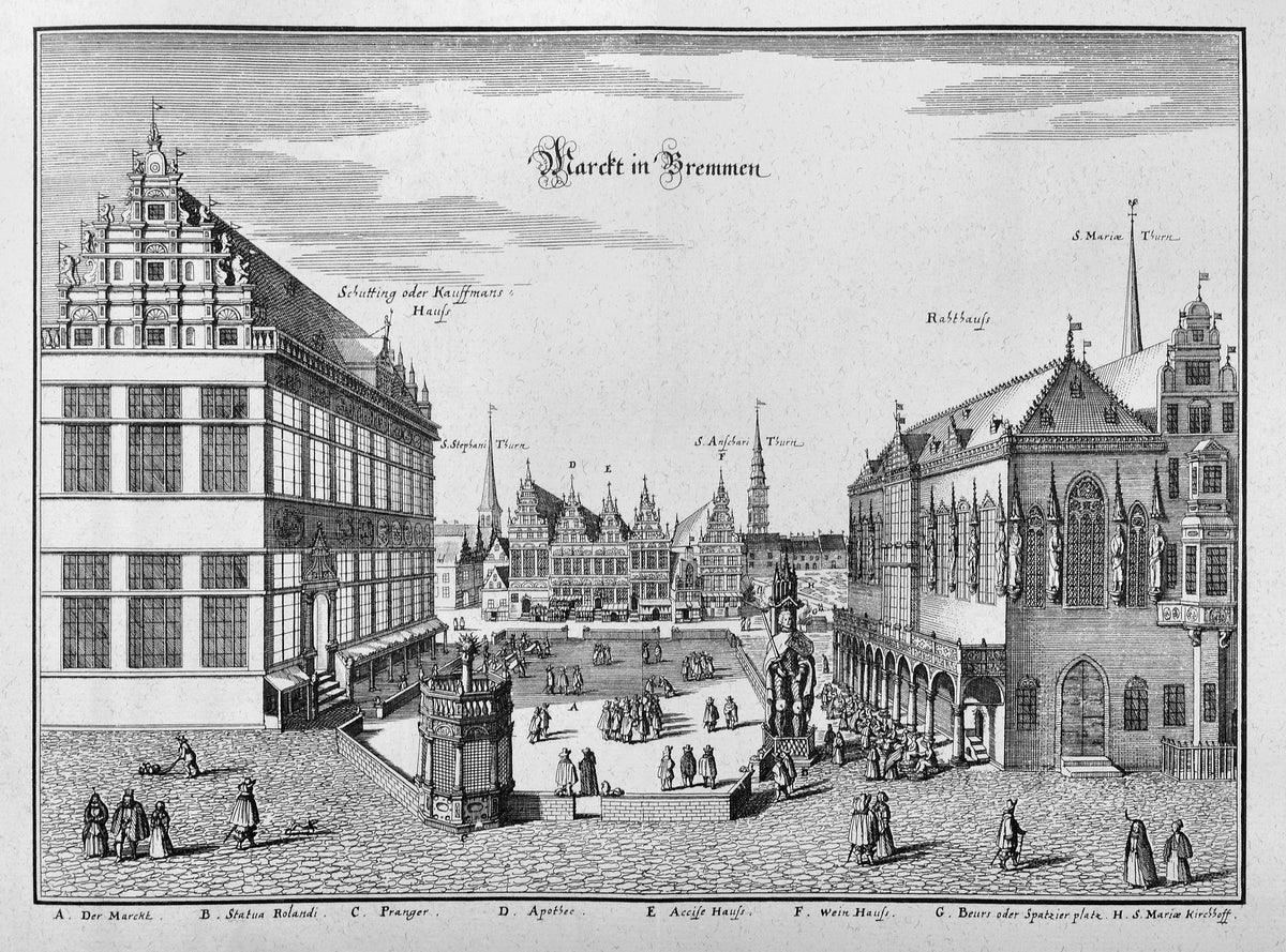 Historischer Bremer Marktplatz mit Rathaus und Schütting, Matthäus Merian, 17. Jahrhundert