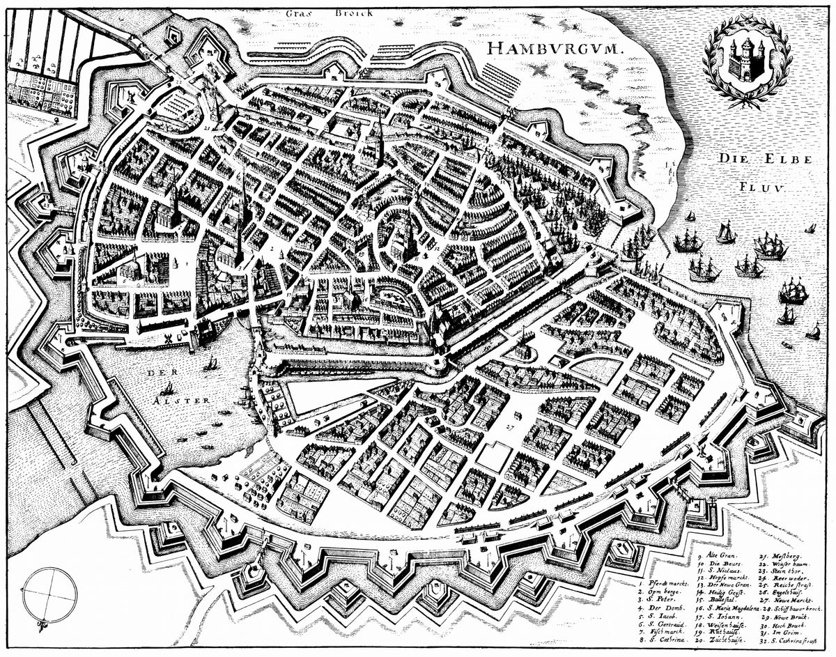 Historische Stadtansicht Hamburgs von Matthäus Merian aus dem Jahr 1641