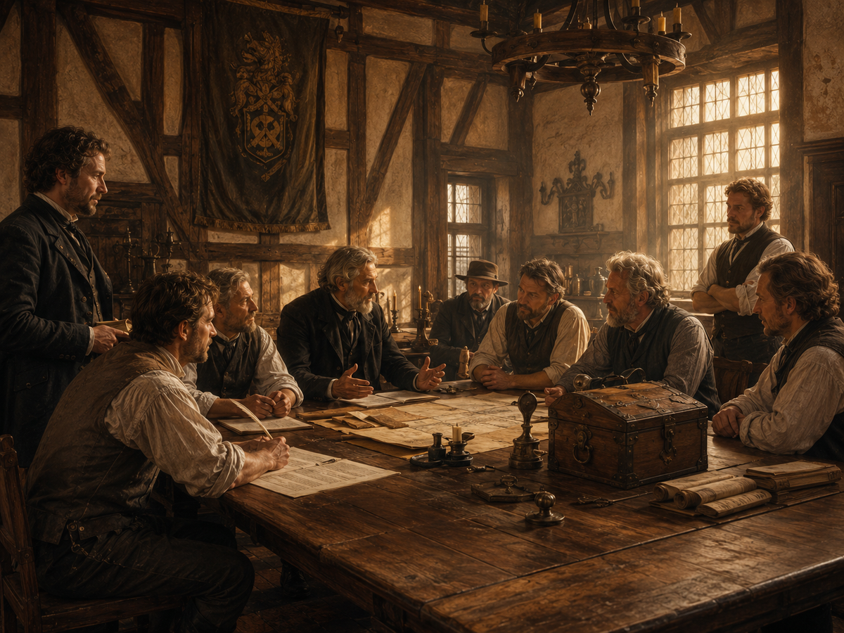 Handwerksmeister beraten in einer historischen Zunftversammlung über Ordnungen und gemeinsame Angelegenheiten